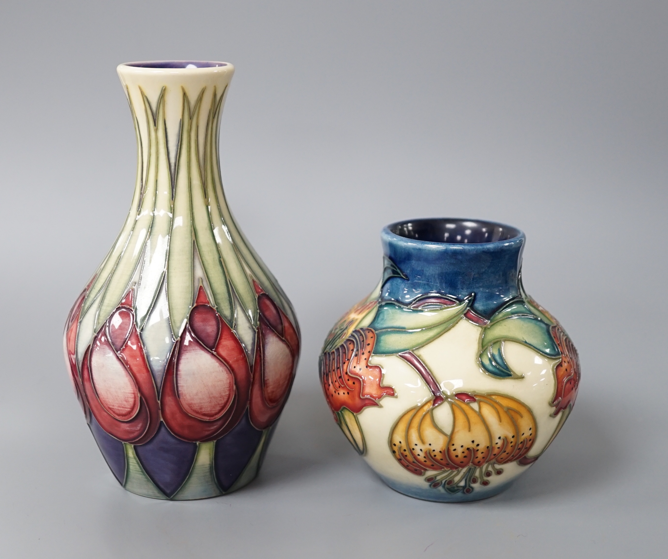 A Moorcroft ‘Anna Lily’ squat vase and a Moorcroft ‘April Tulips’ 13.5cm